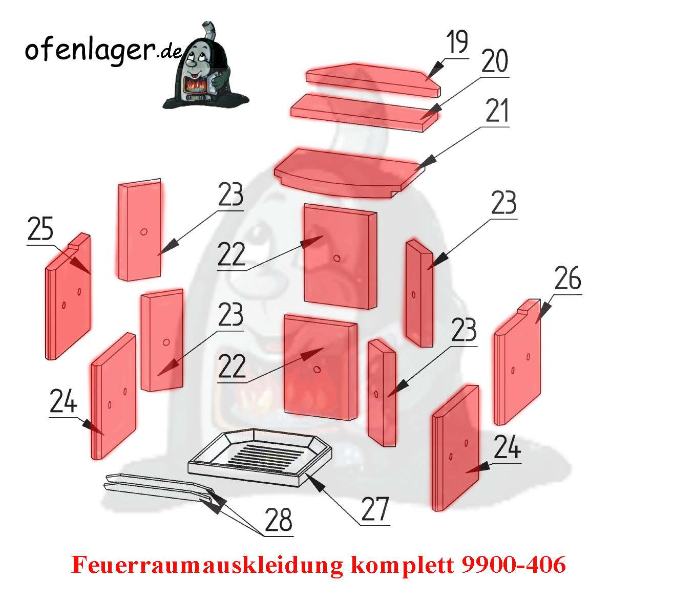 Feuerraumauskleidung für Fireplace Malta Kaminofen Ersatzteile Brennraum 